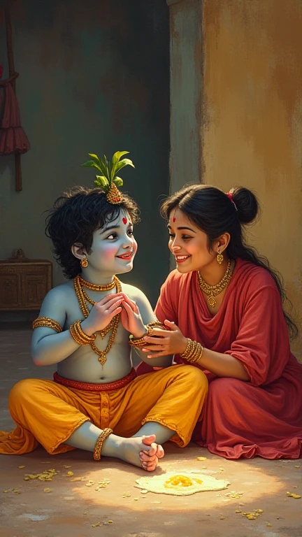 A standing Indian woman with saree feeding cream in a bowl for a 1 year boy in sky blue color with peacock feather to his head tied and wearing yellow dhoti like lord Krishna.