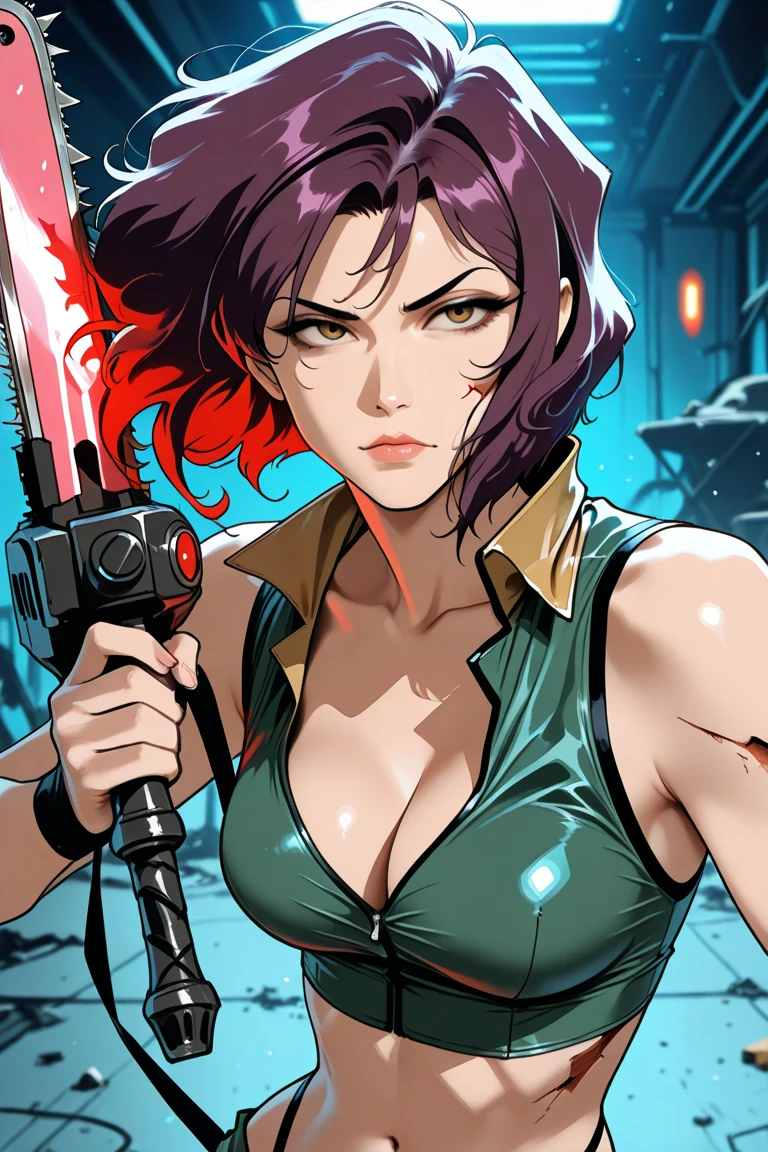 (Masterpiece), (Best Quality), (highly detailed), (8k Resolution), (Cowboy Bebop art style), (dynamic action scene), a swordsman, chainsaw sword, lazer pistol, cuts through bambo