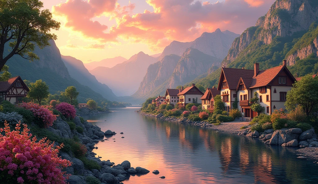 A small town by the river, mountains in the background, colorful floral flowers, detailed landscape, beautiful natural landscapes, atmospheric lighting, scorching sunset, warm colors, practical, photographic, detailed foliage, complex buildings, cobblestone street, charming country house, vibrant colors, lush vegetation, reflections in the water,  picturesque, idyllic, artwork, best quality, 8K, colors, anime style