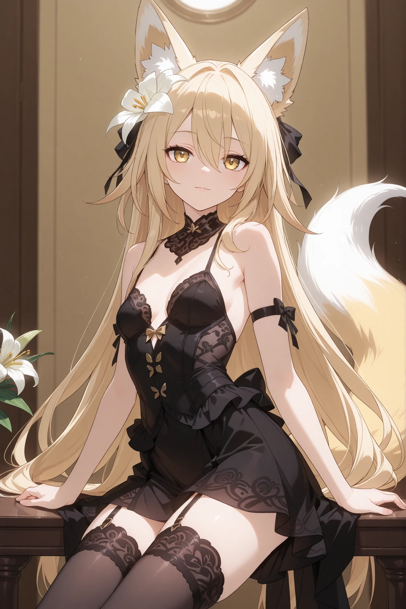 Fox girl, light-blonde, Renard, Fox tail, collar, Beautiful, Long Hair, Golden Eyes with purple shade, small breasts, thigh-high stockings, garter, black lace dress, cheeky, hair ribbon, cute, white lily on hair, alluring