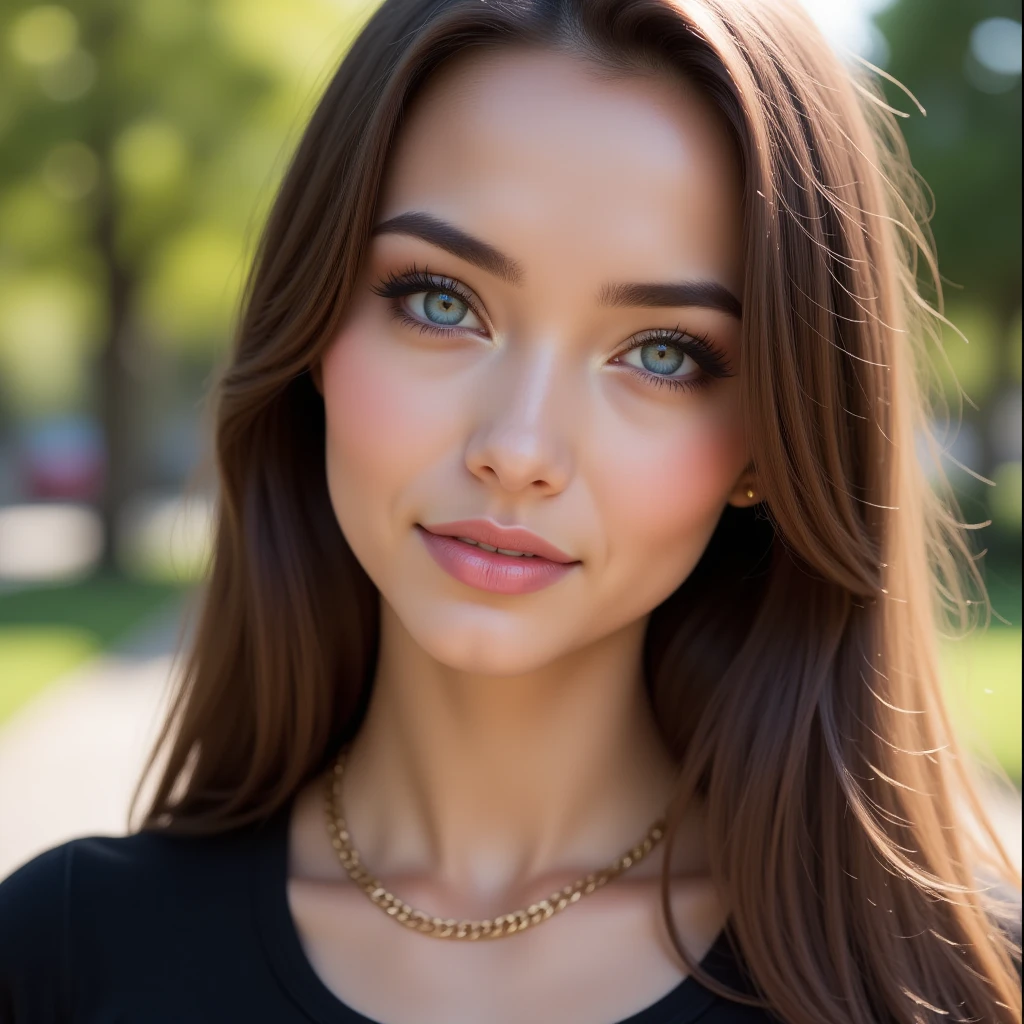 arafed woman with a white tank top and a necklace, sexy girl with green eyes, portrait sophie mudd, brown hair and large eyes, selfie of a young woman, bedroom eyes, violet myers, without makeup, natural makeup, looking directly at the camera, face with artgram, subtle makeup, stunning full body shot, athletic build busty