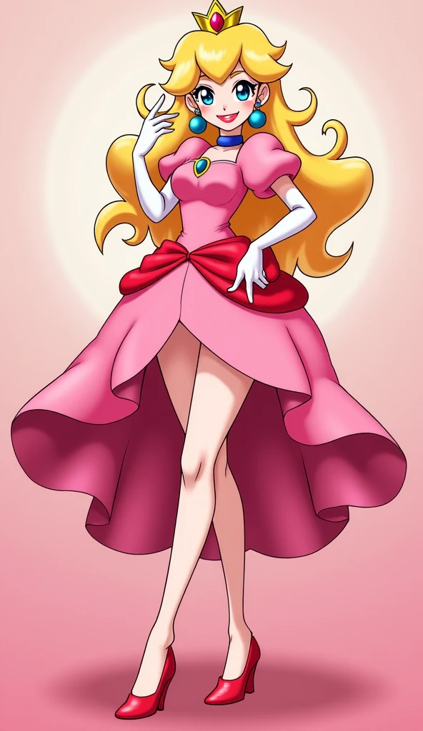 (best quality, masterpiece), (solid outline:1.2), Princess Peach, simple background, solo women, full body, Sexy pink dress, long blonde hair, crown, wavy hair, detailed face, smirking, medium breasts, model pose, shoes, Cleavage, face view, ass view, white panties, thong