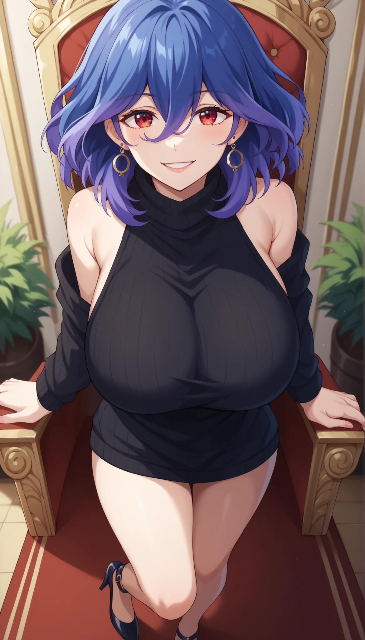 score_9, score_8_up, score_7_up, score_6_up, score_5_up, score_4_up
vermeil, vermeil, red eyes, hair between eyes, blue hair, purple hair, multicolored hair, medium hair,
sweater, bare shoulders, sleeveless, turtleneck, black sweater, thighs,
indoors , smile,
looking at viewer, 1girl solo, ,,,,,,, earrings big breasts huge breasts , locking at viewer, standing , high heels , setting on throne