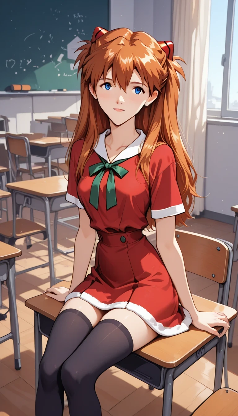 Asuka Langley Sōryū (evangelion) Christmas skirt, black stockings for schoolgirl , sitting in the classroom, blue eyes