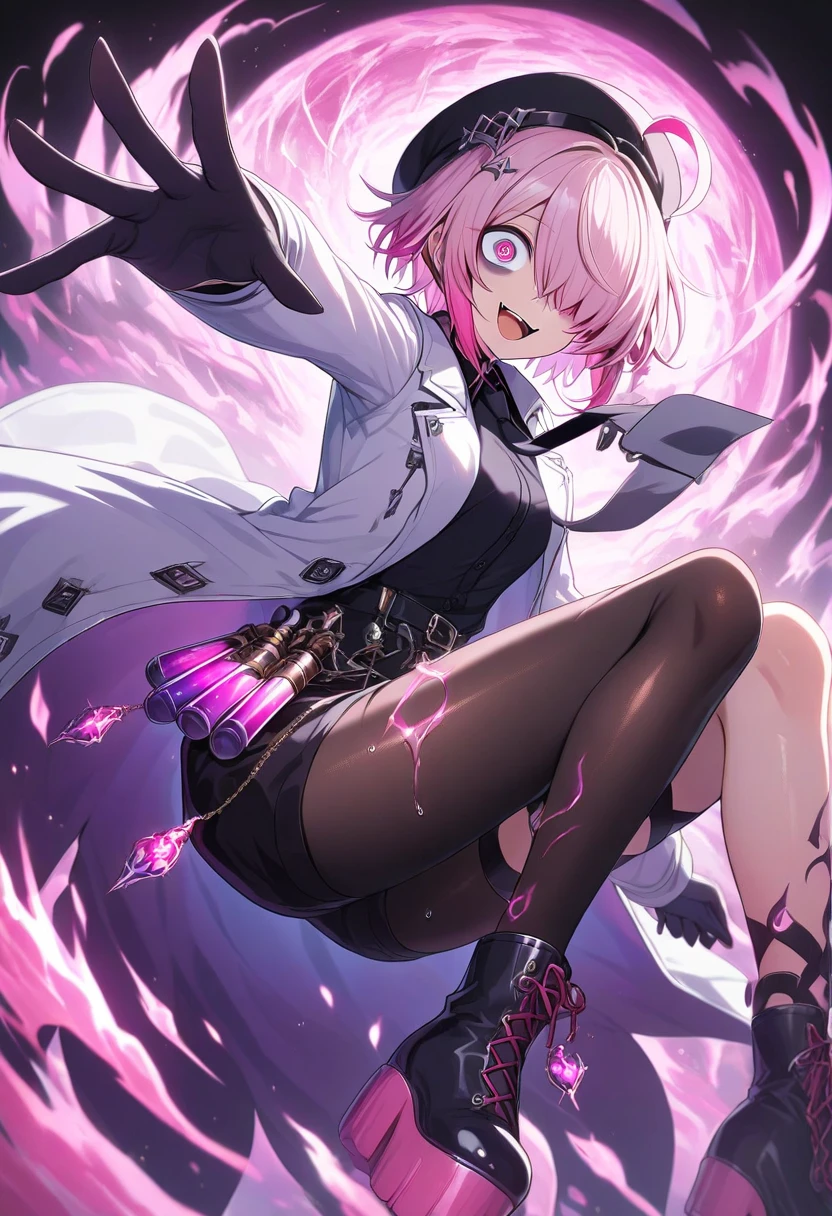 (Full body character concept)、Best illustrations、Best Quality、(Solo、23 years old)、(The same face:1.1),Medieval Fantasy、Magic wand,(White Background)、(Pink Hair、Very Short Hair、Align your bangs)、(Black hood、Long sleeve、Black Robe、pants、Knee-high boots)、(From the side、profile)、Run、(get annoyed、Open your mouth、Sweat)