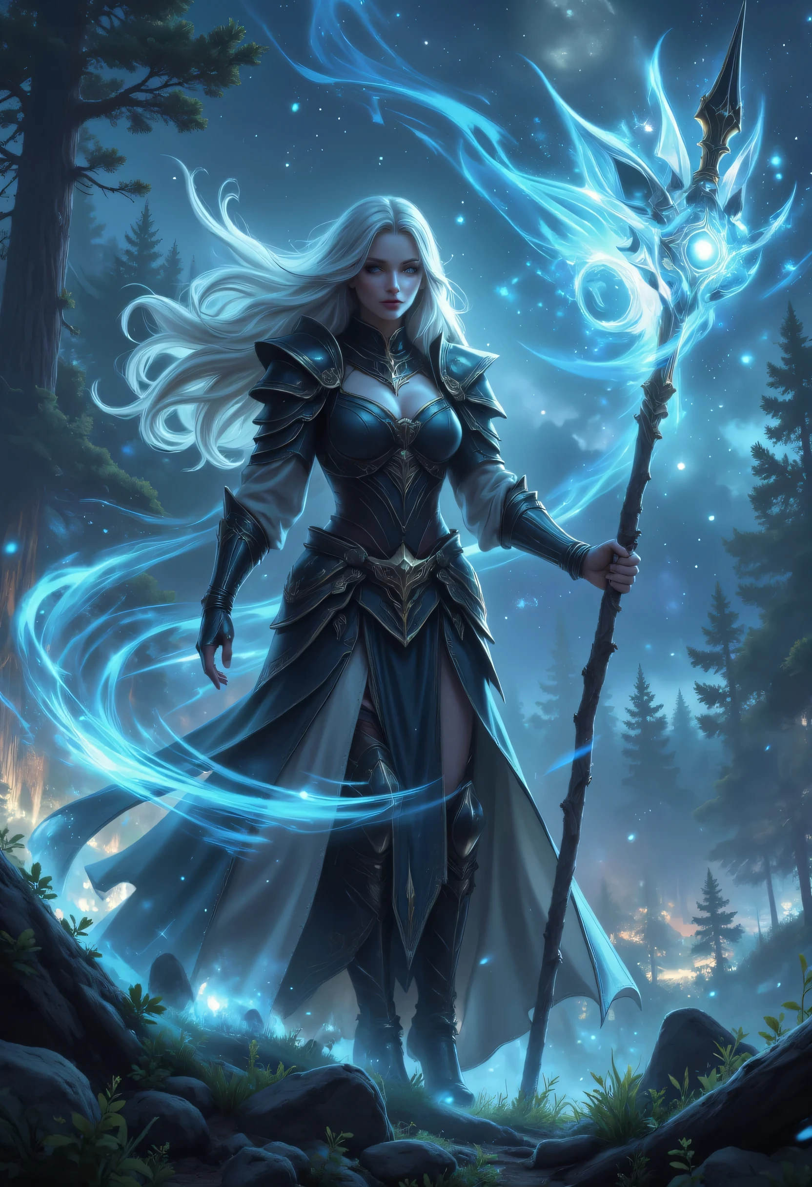 female human druid of the stars, guardian of nature, controlling magical energy made of stars, swirling blue stary magical light, divine symbols high details, dynamic angle, human female, extremally beautiful, ultra feminine, dynamic hair, dynamic hair color, wearing leather armor , holding a staff, moon light, stars, dynamic natural background, RPG art, magical atmosphere magic-fantasy-forest, dnd art, rpg art ultra best realistic, best details, best quality, 16k, masterpiece, best quality, (extremely detailed), photorealism, depth of field, hyper realistic painting, ultra wide shot, , realistic art , invert color, Celestial Fantasy