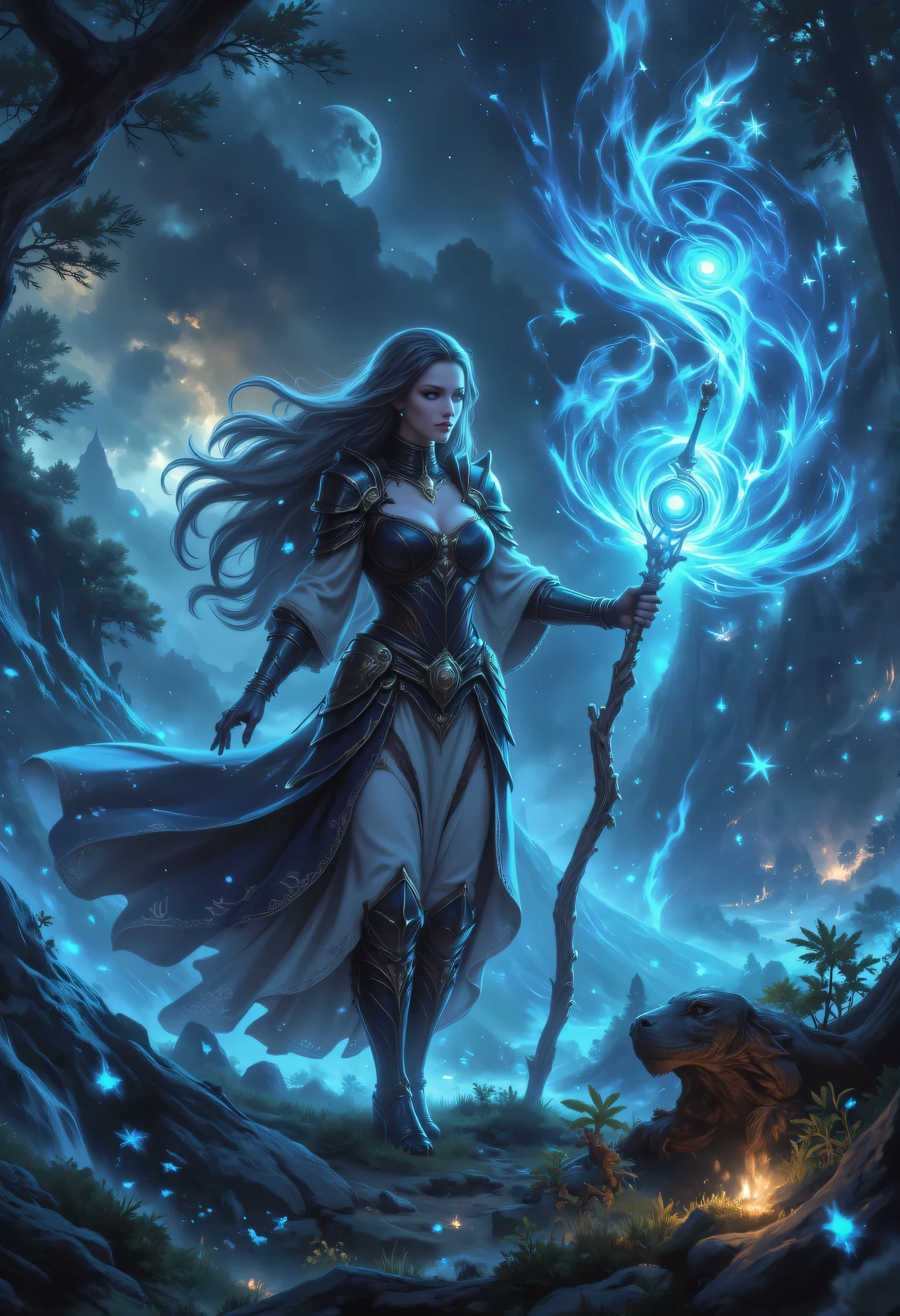 female human druid of the stars, guardian of nature, controlling magical energy made of stars, swirling blue stary magical light, divine symbols high details, dynamic angle, human female, extremally beautiful, ultra feminine, dynamic hair, dynamic hair color, wearing leather armor , holding a staff, moon light, stars, dynamic natural background, RPG art, magical atmosphere magic-fantasy-forest, dnd art, rpg art ultra best realistic, best details, best quality, 16k, masterpiece, best quality, (extremely detailed), photorealism, depth of field, hyper realistic painting, ultra wide shot, , realistic art , invert color, Celestial Fantasy