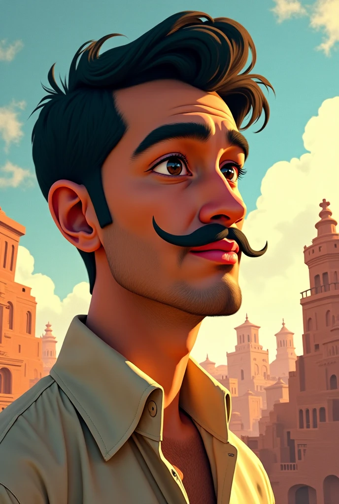 A image of a tunisian man who has black hair and a tash in Ghibli style 