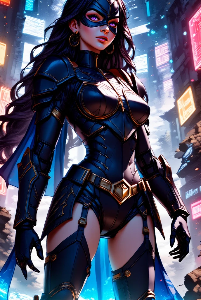masterpiece, best quality, pretty woman, black hair, superhero, heroic, leotard, bare legs, knee boots, gloves, city backdrop, hands on hip