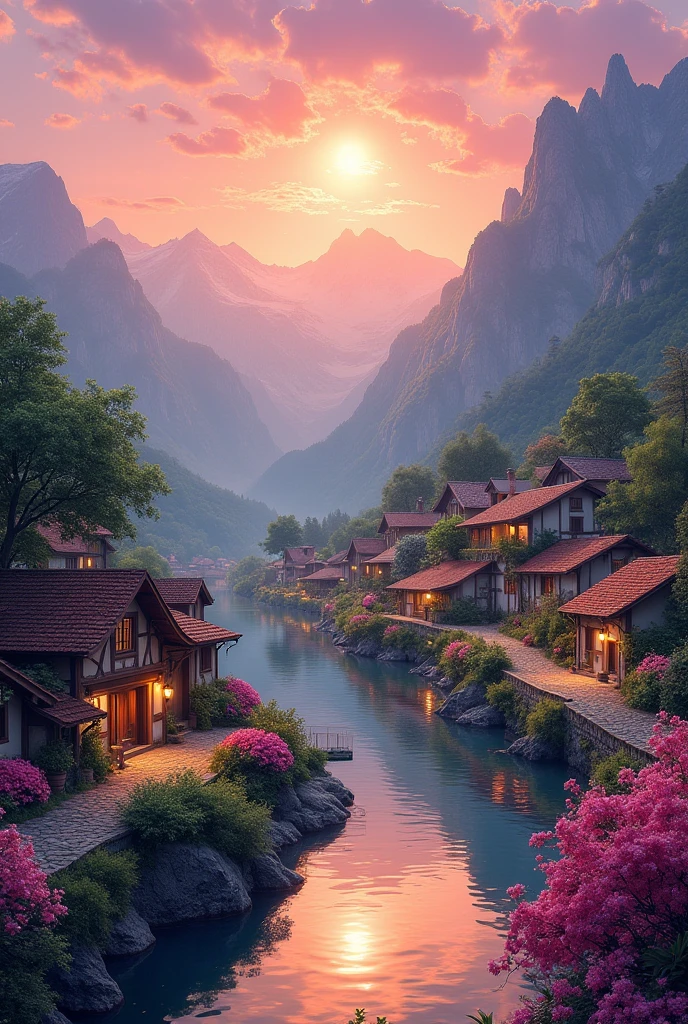 Small village by the river, mountains in the background, colorful pink flowers, detailed landscape, beautiful scenery, atmospheric lighting, scorching sunset, warm colors, practical, photography, detailed foliage, intricate buildings, cobblestone street, charming country house, swirling bright colors, dense vegetation, water reflections, picturesque, perfect, artwork, best quality, 8k, highly detailed, anime style