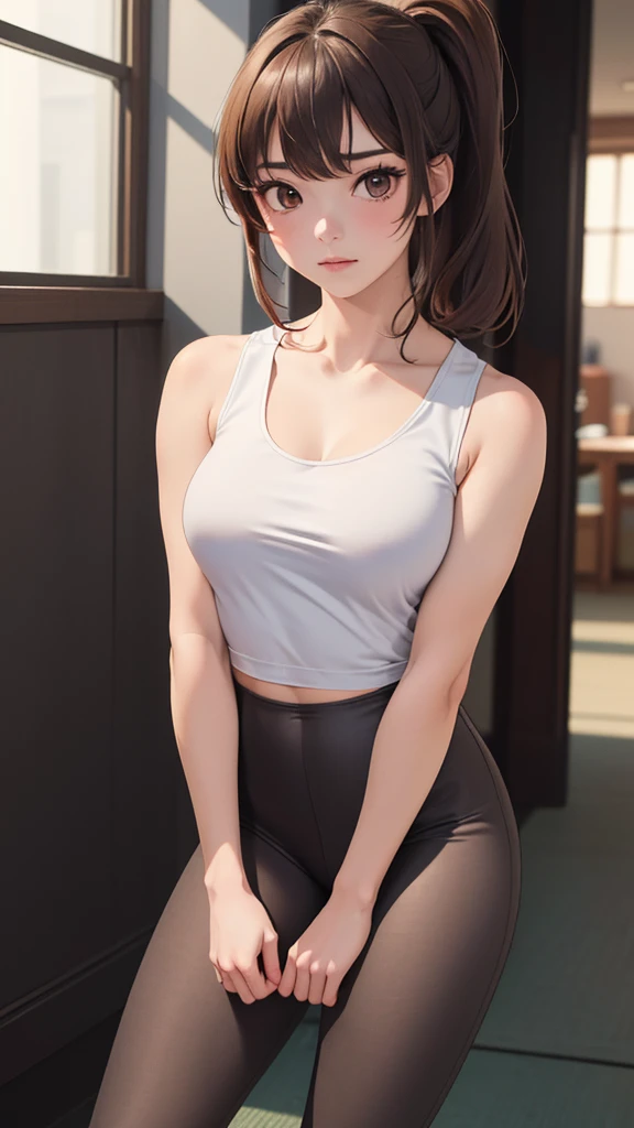 (highest quality, masterpiece:), ultra-high resolution, night, in the gym studio, Korean gravure model, 21 years old, tight, wearing a leggings, high leg, gigantic breasts, puffy nipple:1.4, skinny, bangs, long hair, light brown hair, tired hair, unkempt hair:1.2, gorgeous earrings, beauty, embarrassed, blush:1.3, mature woman, please face forward and look at the camera,