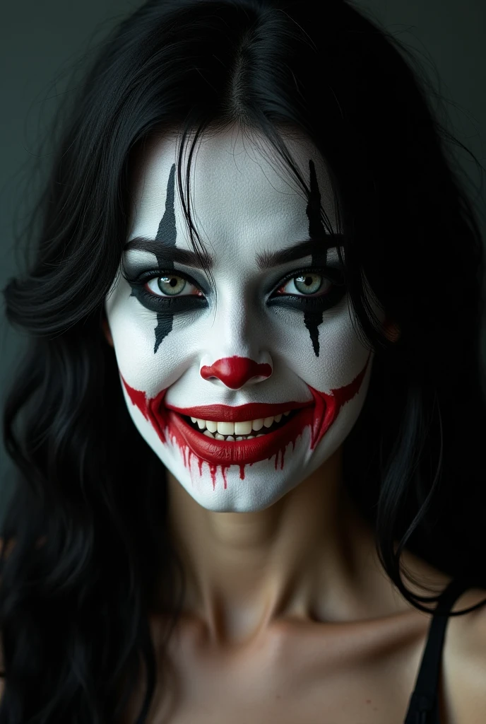 she、A woman with a pale face and white skin、The black around the eyes makes it look scary.。Her mouth, covered in red lipstick, is slit wide like a monster&#39;s, all the way to her ears.。Laughing while bleeding。long, Black Hair; she、Wearing a black dress, She&#39;s wearing a red coat over it., she恐ろしい見た目, she赤いベレー帽を必ず着けています。Her eyes are black。The background is a horror-like black。The angle of view is only the face and shoulders、Show me.。