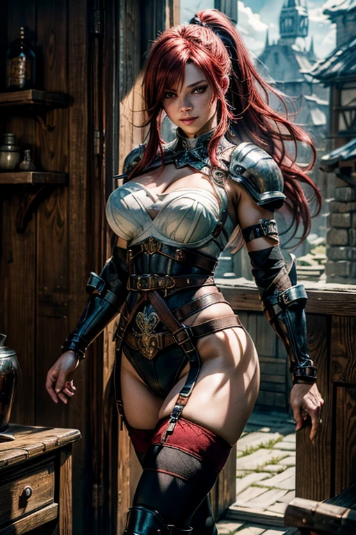 photorealistic of steampunk style ,a attractive AMBER HEARD wavy red hair in a red tiny leather cut-out corset ,elegance pose, beautiful saggy breast, large breasts ,medium long shot ,natural soft lighting atmosphere ,steampunk old city on the street with fog background