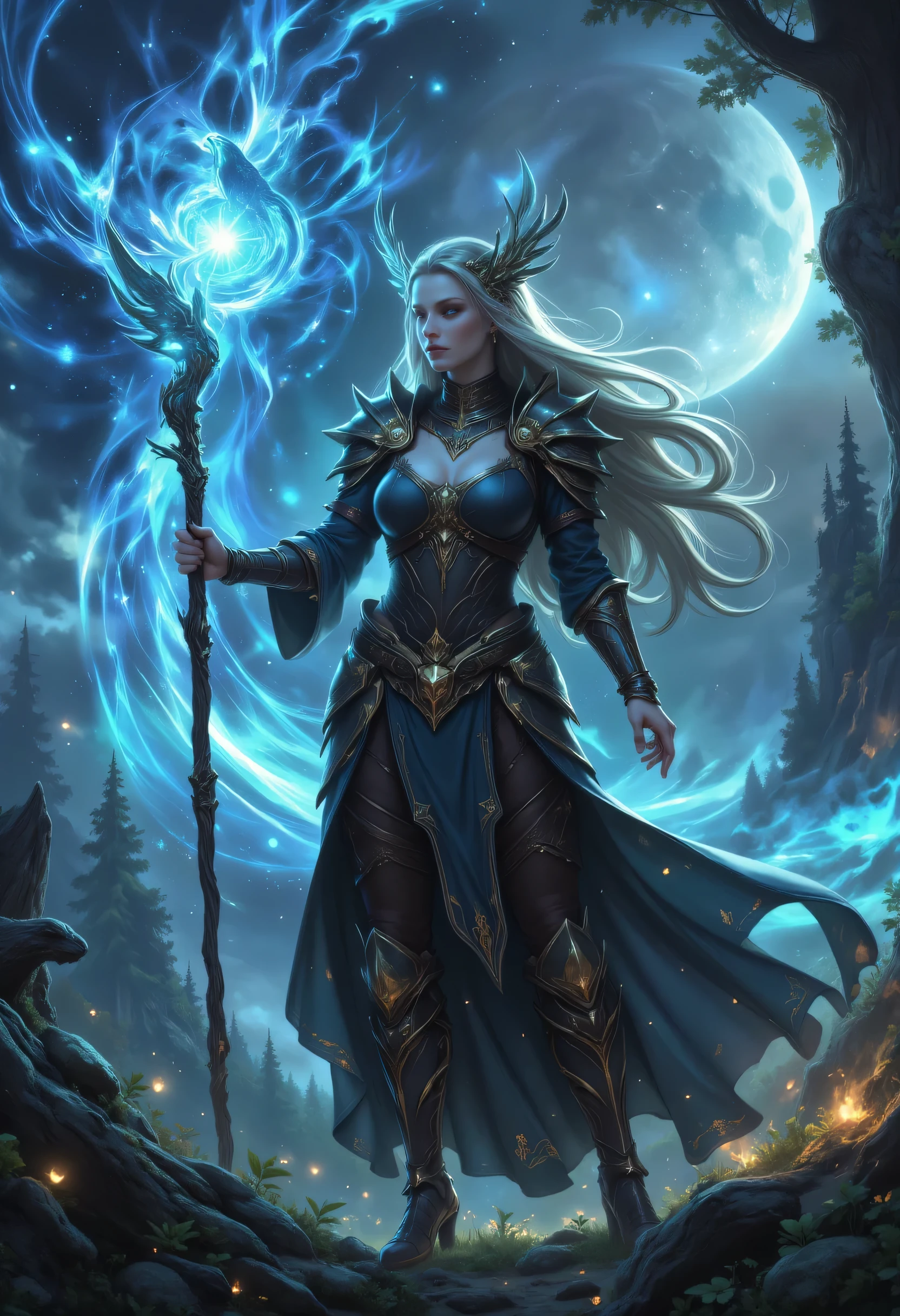 female human druid of the stars, guardian of nature, controlling magical energy made of stars, swirling blue stary magical light, divine symbols high details, dynamic angle, human female, extremally beautiful, ultra feminine, dynamic hair, dynamic hair color, wearing leather armor , holding a staff, moon light, stars, dynamic natural background, RPG art, magical atmosphere magic-fantasy-forest, dnd art, rpg art ultra best realistic, best details, best quality, 16k, masterpiece, best quality, (extremely detailed), photorealism, depth of field, hyper realistic painting, ultra wide shot, , realistic art , invert color, Celestial Fantasy