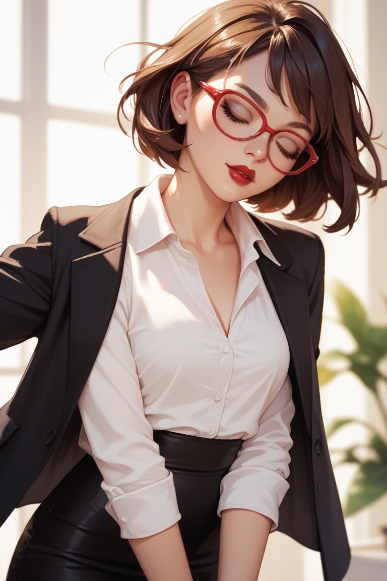 Sexy woman, Bob hair, Brown hair, red glasses, closed eyes, black eyes, red lipstick, small breast, curvy, White formal shirt, black skirt, black formal jacket