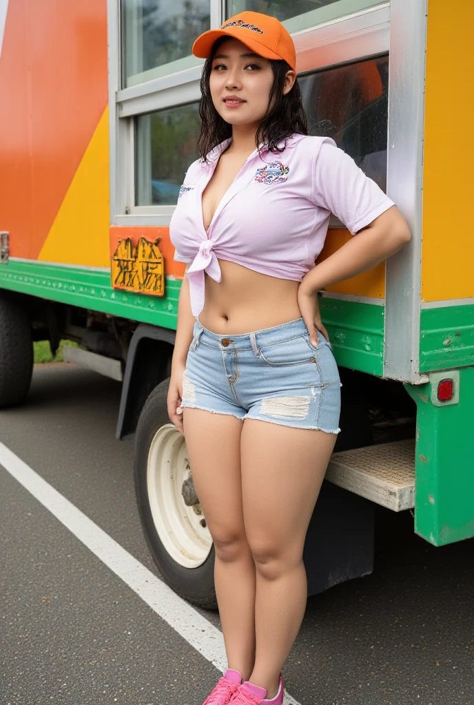 (Extreme Wide Shot:1.5),(Food truck:1.5),(thai woman:1.3),(huge breasts:1.5),(slender body),(v-string bikini:1.2),(smile:1.3),(heavy makeup:1.5),necklace,Earrings,highest quality,(((masterpiece))),8k,(((Photorealistic))),(((Intricate details, Detailed Texture, High Quality Shadows, Depth of written boundary,Background clarity))),