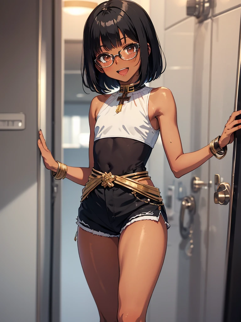 (1 boy solo:1.4),(flat chest),(dark skin:1.7), (masterpiece:1.2), highest quality, High resolution, unity 8k wallpaper, (fine and beautiful eyes:1.6), highly detailed face, perfect lighting, Detailed CG, (perfect hands, perfect anatomy), 20 years old, (black hair:1.3), (evil smile:1.4), detailed eyes, best quality, extremely detailed, very precise detailed, (glasses:1.6), (blunt bangs:1.3), (open mouth:1.3), (very short pixie cut:1.2), (Sandals:1.2), smile, (half closed eyes:1.3) ,long sidelocks, (blush),(leaning back),navel,(kneeling:1.3),(Put left knee in front:1.5), (arms behind head),(arabian clothes:1.5),,(see-through harem pants),spread legs,(see-through race glove)