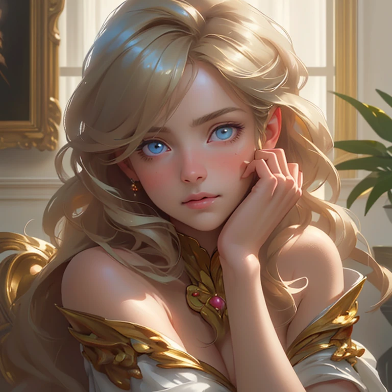 Looks to be about ,beautiful girl:1.3,Highest quality,8k,highly detailed cg unity wallpaper,obra-prima:1.2,From high which,realistic portrait,soft and luminous skin,big, expressive eyes,long, silky hair,Sweet and Innocent Expression,elegant posture,luxurious indoor environment,dramatic lighting,warm and vibrant colors,soft-focus effect photographer,photorealistic oil painting