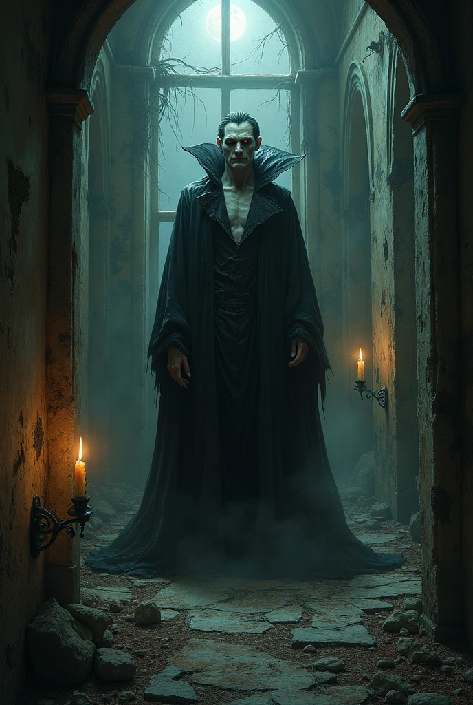 Create a realistic image, Let it be from a vampire, inside an old and dirty house