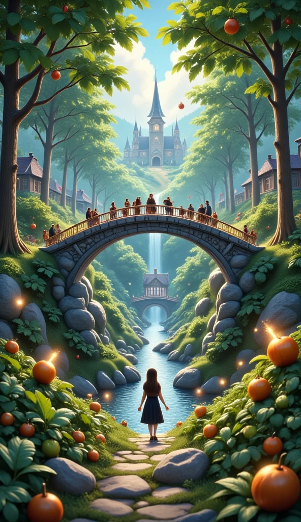 A magical scene featuring a dense forest divided into two parts, separated by a river. In the center, connecting the two sides, is a Bridge of Mirrors, an enchanted and sparkling structure with a shimmering mirror texture that reflects the light and surrounding environment in magical hues, providing a crossing and creating an ethereal effect. In the background, an ordinary village with earth animation can be seen among the trees. A scene from a 3D animated film, styled after a renowned animated feature film or cartoon series, with an enchanting and magical setting. Soft light filtering through the trees, a light breeze rustling the leaves, fireflies hovering around the bridge, and a cozy atmosphere on the ground, scattered magical fruits subtly glowing in shades of gold, blue and purple, in a realistic and beautiful scene, with a magical touch that evokes high-quality animation.
