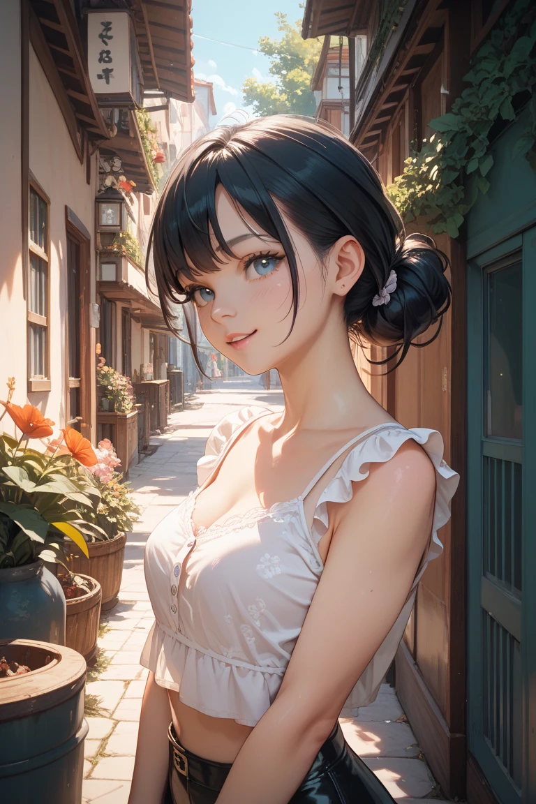 young woman、smile、Cool hairstyle、Blushing、masterpiece、High resolution、16k、Spring sheer clothes in fresh colors、(Very close:1.5)、Explore the streets of Kyoto、(Depicting the upper body:1.5)