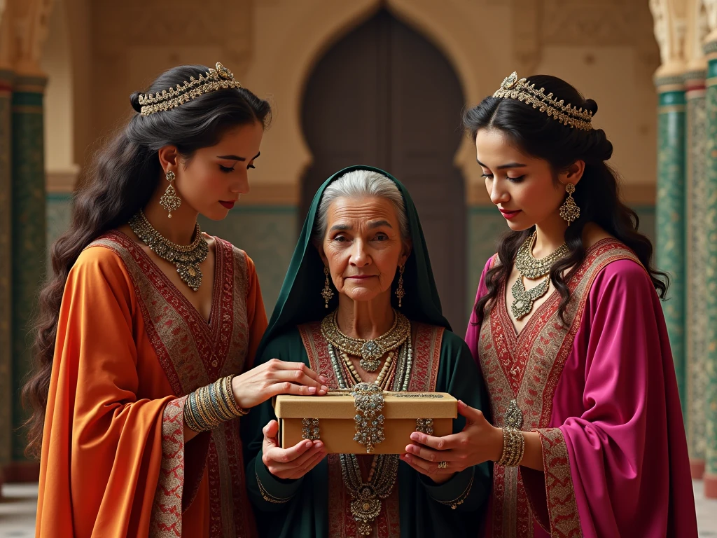 Two young women in traditional Moroccan dress give an ugly old woman in Moroccan dress luxurious clothes and jewelry in a Moroccan palace.