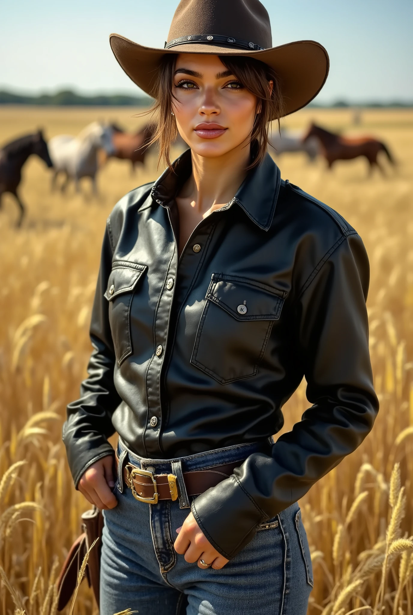 cowgirl wearing a black leather western shirt, short hair, blue jean and a hat standing in a rye field with horses galloping in the background