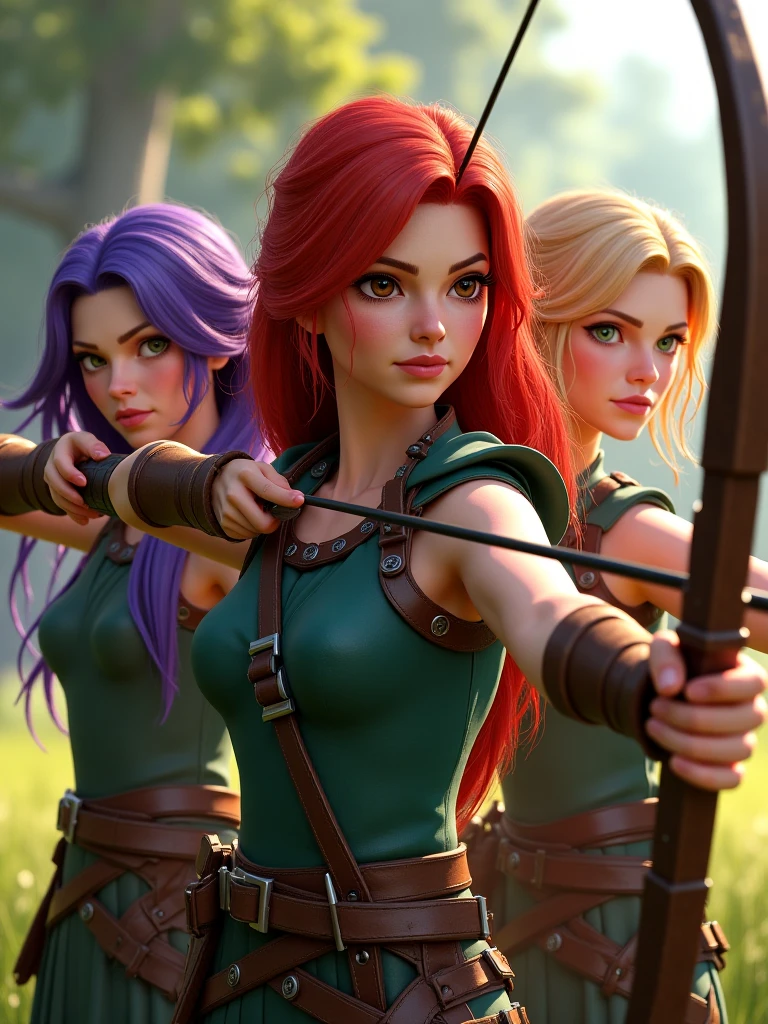 3 copines archer,  Long, purple hair with brown eyes , The second a redhead with green eyes and the 3rd a blonde with brown eyes realistic style 