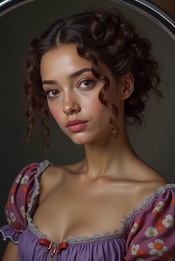 Transform my photo that I sent into a soft portrait with fine lines and features of the Victorian era without taking the essence of the original image, making it as similar as possible, from the color of the clothes to the features of the face., purple dress with sleeves and lace details, Curly curly curly hair with the background inspired by Imperatriz's old house, My cheeks should remain round and my amber green eyes should be well marked