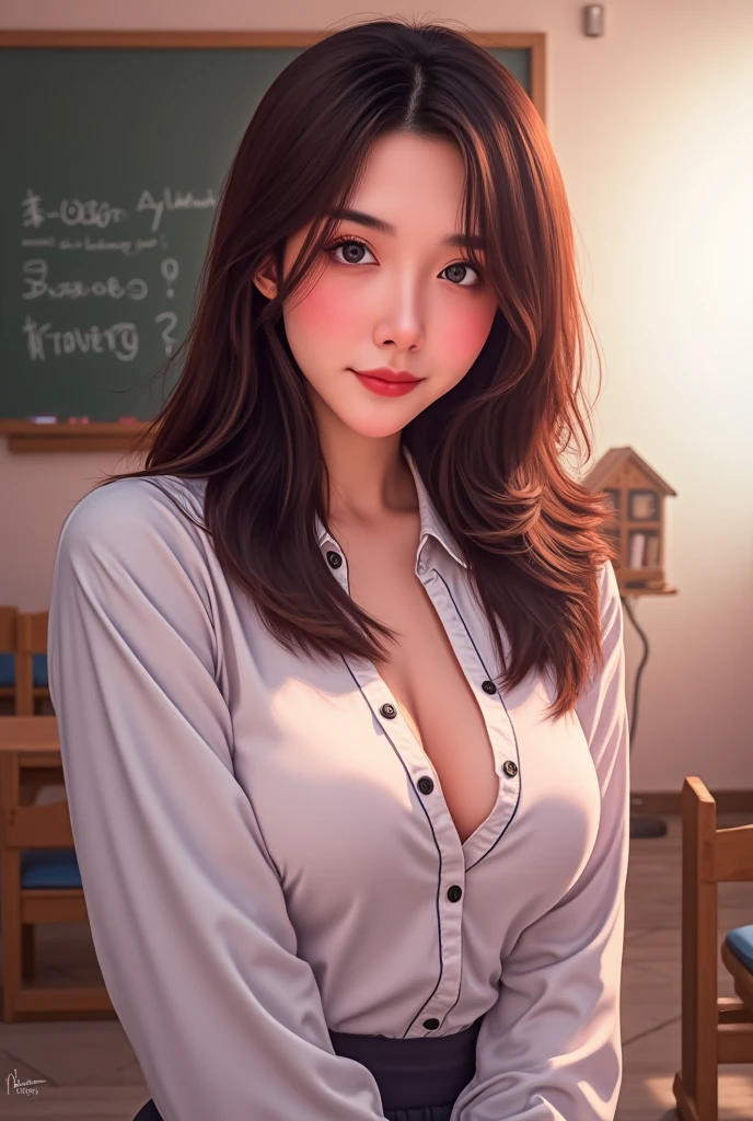 (8k,Photorealistic, masutepiece, Best Quality, Raw photo:1.3)、1girl in, 18years old,Solo,school girl, Long hair, Brown hair, Detailed beautiful face, alluring face, (Detailed beautiful brown eyes:1.2), medium breasts,(cleavage cutout:1.3),(coverd nipples:1.1),(loose suit, sheer pencil Skirt :1.35), ( Perfect body skinny beauty: 1.4),( temptation Pose:1.3), (Looking at Viewer, front view,eyes focus:1.2), Detailed background, (sunset:1.2), classroom,fine detailed, intricate detailes, Ray tracing, depth of fields, seductive smile,classroom,