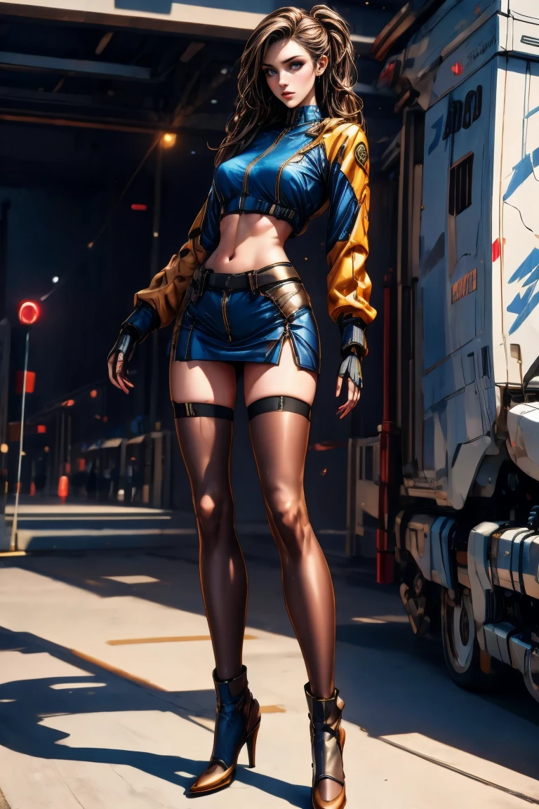 Masterpiece, best quality, Masterpiece, best quality, 1 woman , blue eyes , yellow ponytail , black leather jacket , sly face , smile , bikini , abdomen, big breasts , Long legs , boots , hands on hips , abandoned factory , at night