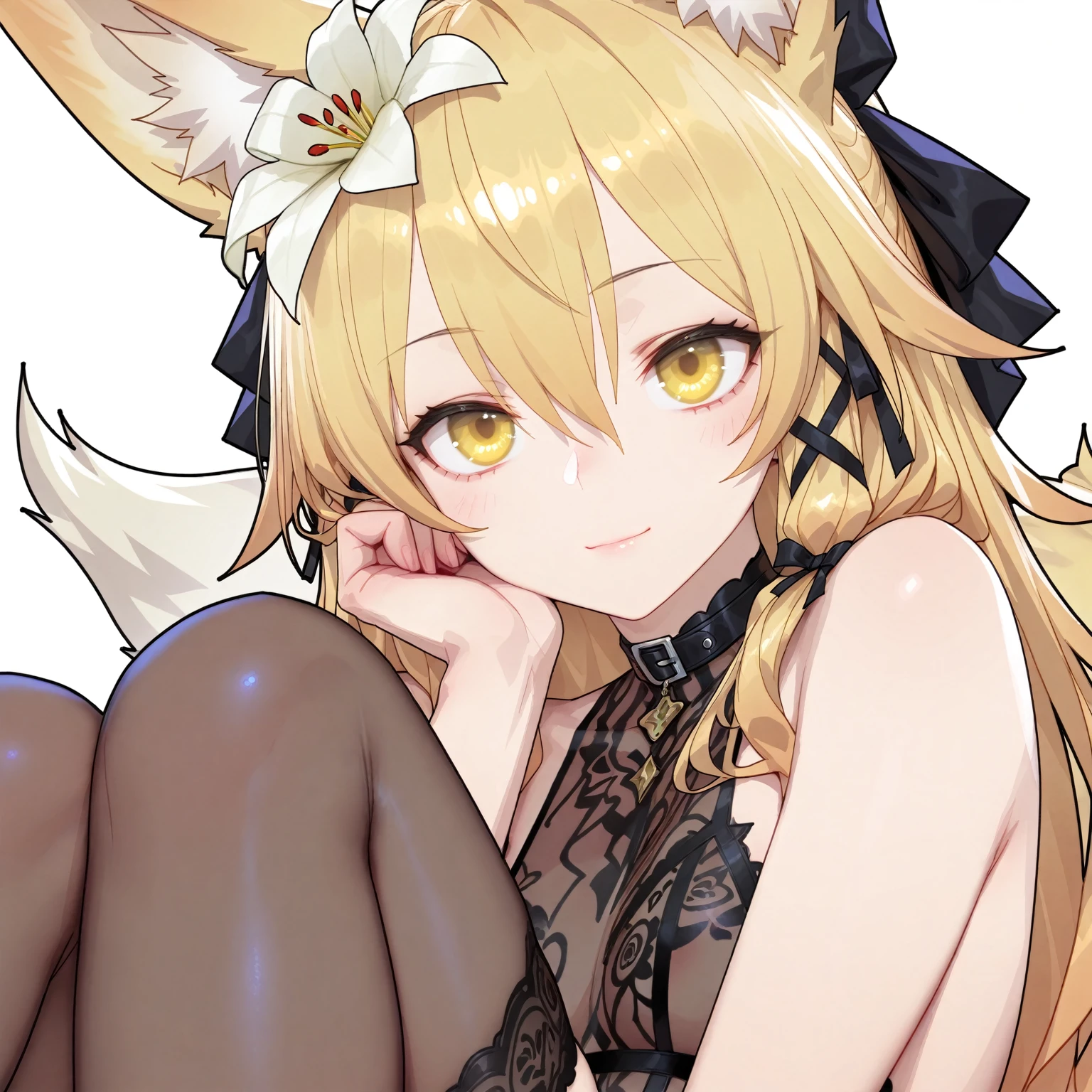 (masterpiece, 최고의 quality) junior,detailed, (beautiful,small breasts), blonde,long hair, side ponytail(tied to the left),Hairpin decoration with gold butterfly, elegant, (fox ears),nine tailed fox tail, red eyeshadow, 금색 eye동자, femur，black pajamas,ruffle pajamas,Bedroom Background,Lying in bed,girl,yandere,Wearing black tights,Wrapping up inside,Open crotch work clear 54% Seat Bot Txt2Img Studio (masterpiece, 최고의 quality),(beautiful_face:1.5),(small_waist),absurd:1.2, Kodak Portrait 400, film grain, blurred background, bokeh:1.2, lens flare, (vibrant_color:1.2),professional photography,(masterpiece:1.0),(best_quality:1.0), ultra high resolution,4K,매우 detailed, photography, 8 thousand, HDR,(chaste_big_eye:1.0),(light_laugh:0.3), official art,매우 detailed CG Unity 8k 벽지, perfect lighting,fancy, bright_front_face_lighting,looking at viewer,(Focus on her face),beautiful Finger,beautiful 긴 legs,beautiful body,beautiful Nose,beautiful character design, perfect eye, perfect face,완벽한 균형 junior,detailed, (beautiful,small breasts), blonde,long hair, side ponytail(tied to the left),Hair band decoration with gold butterfly, elegant, (fox ears),nine tailed fox tail, red eyeshadow, 금색 eye동자, femur，black pajamas,ruffle pajamas,Bedroom Background,Lying in bed,girl,yandere,Wearing black tights,cum in pussy,spred pussy,cum drip