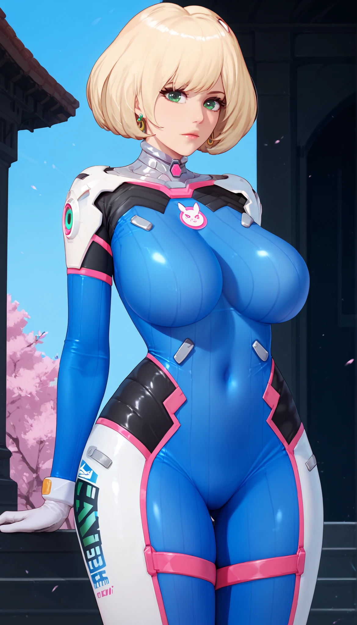 score_9,score_8_up,score_7_up,score_6_up,score_5_up,alienquestellen,short hair,blonde hair,curvy,huge breasts,bubble butt,ass visible through thighs,outdoors, closed mouth ring earring large breasts huge breasts from , green eyes , ellen alien quest eve ,,,,, cosplay, overwatch dva cosplay, d.va (overwatch) (cosplay), bodysuit, vertical-striped bodysuit, skin tight, covered navel