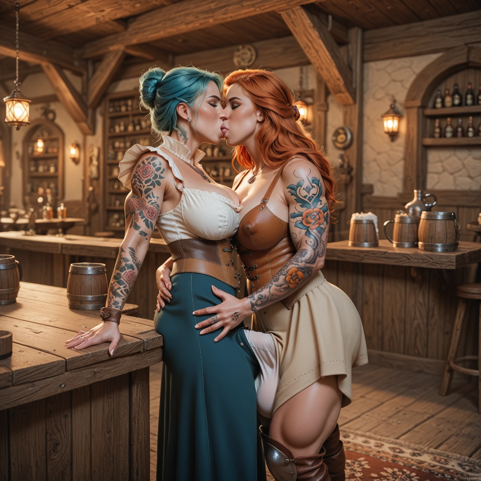 2 Jeunes femmes de 25 ans, calin, embracing each other, visage fin, cheveux long, tresses viking, red hairs, blonde, yeux bleus, tâches de rousseur sur tout le corps, HD, 8K, masterpiece, sourire romantique, topless, viking tattoo, celtic tattoo, sous la pluie, sexy, guerrière viking, celtic tattoo, viking chest tattoo, dans une grotte, sous une cascade, sous la pluie,