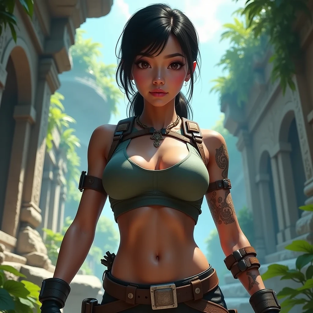 (masterpiece), best quality, expressive eyes, perfect face, (ancient ruins in deep jungle background), (standing), (smirk), (front view), (1girl, age 18+, Angelina Jolie, latina, dark skin, tanned skin, thick lips, brown hair, long hair, ponytail braid hairstyle, hazel eyes, hourglass figure, thin body, skinny body, large breasts, huge breasts, oppai, wide hips, thick thighs), (lara croft outfit, torn clothes, ripped clothes, teal tanktop, croptop, sleeveless, torn brown cargo shorts, gun holster belt),