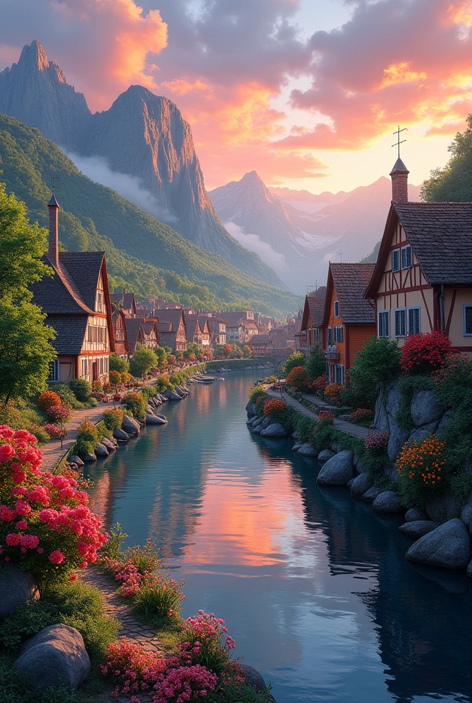 A small town by the river, mountains in the background, colorful floral flowers, detailed landscape, beautiful natural landscapes, atmospheric lighting, scorching sunset, warm colors, practical, photographic, detailed foliage, complex buildings, cobblestone street, charming country house, vibrant colors, lush vegetation, reflections in the water,  picturesque, idyllic, artwork, best quality, 8K, colors, anime style