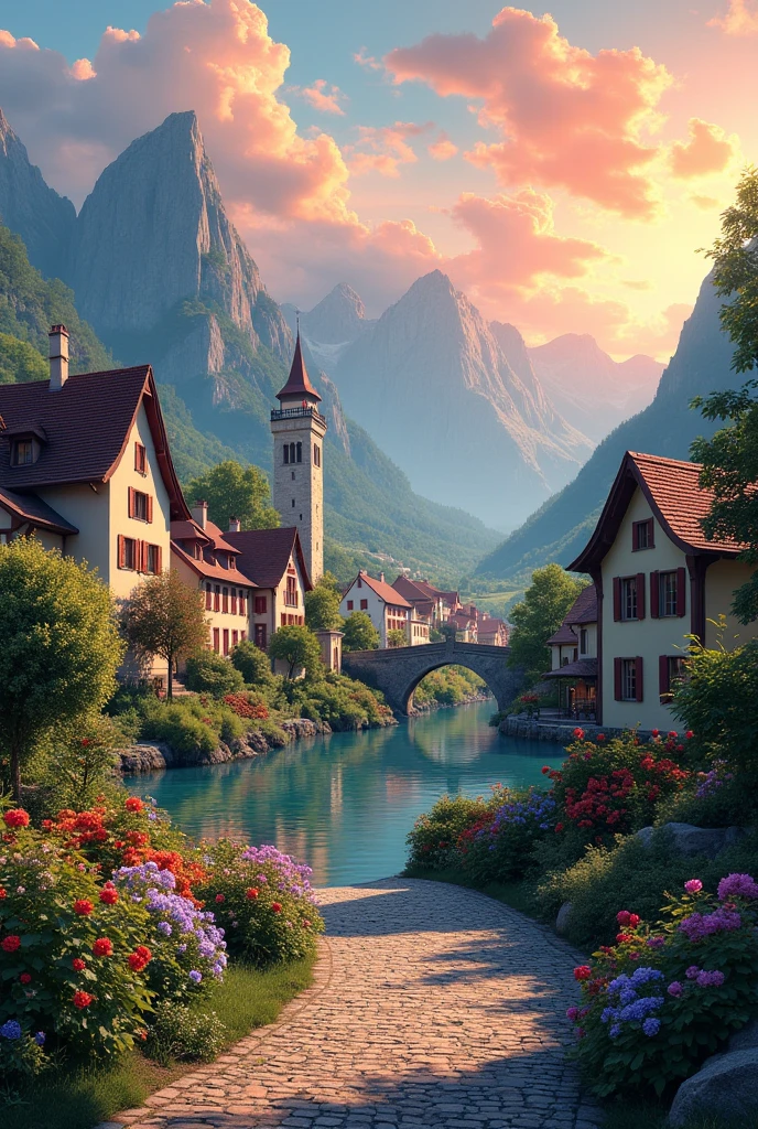A small town by the river, mountains in the background, colorful floral flowers, detailed landscape, beautiful natural landscapes, atmospheric lighting, scorching sunset, warm colors, practical, photographic, detailed foliage, complex buildings, cobblestone street, charming country house, vibrant colors, lush vegetation, reflections in the water,  picturesque, idyllic, artwork, best quality, 8K, colors, anime style
