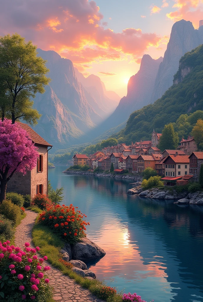 A small town by the river, mountains in the background, colorful floral flowers, detailed landscape, beautiful natural landscapes, atmospheric lighting, scorching sunset, warm colors, practical, photographic, detailed foliage, complex buildings, cobblestone street, charming country house, vibrant colors, lush vegetation, reflections in the water,  picturesque, idyllic, artwork, best quality, 8K, colors, anime style