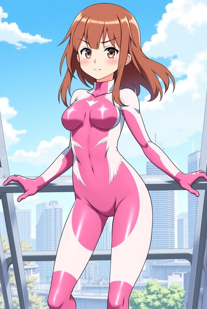 masterpiece, best quality, very aesthetic, absurdres, 1girl, mature_lady,pink_bodysuit,red_bodysuit,covered_nipple,,yuuki_mikan( to_love-ru), to_love-ru, 1girl, orange_eyes,long_hair, brown_hair, hair_ornament,,cityscape, leaf, moon, night, night_sky, outdoors, sky, skyscraper,,floating_hair,from behind
