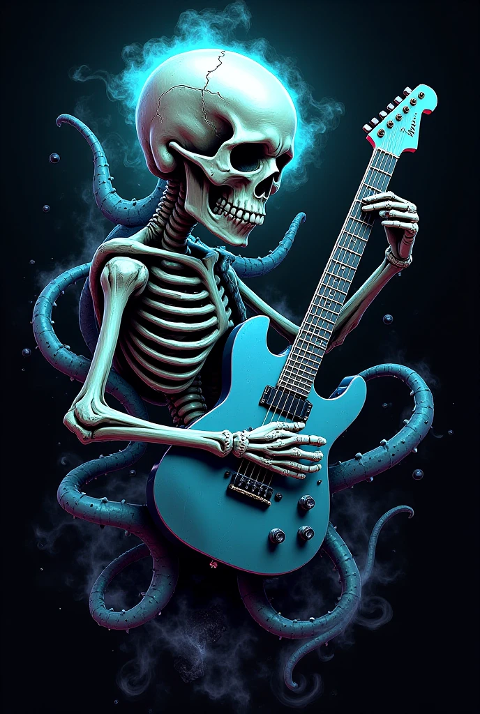 flat vector logo of a sexy voluptuous mermaid. She is sitting on top of a mountain of skulls and bones. she is smiling tempting (evil). She is holding a blue sparkly fender stratocaster