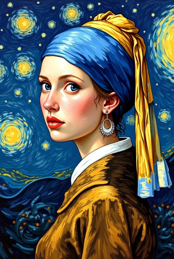 Draw Van Gogh's Starry Night in the style of the painting I sent. so that there are bunches of paint. To make the painting look three-dimensional, as if it were made with texture paste and had a similar color scheme, for ink to flow in some places