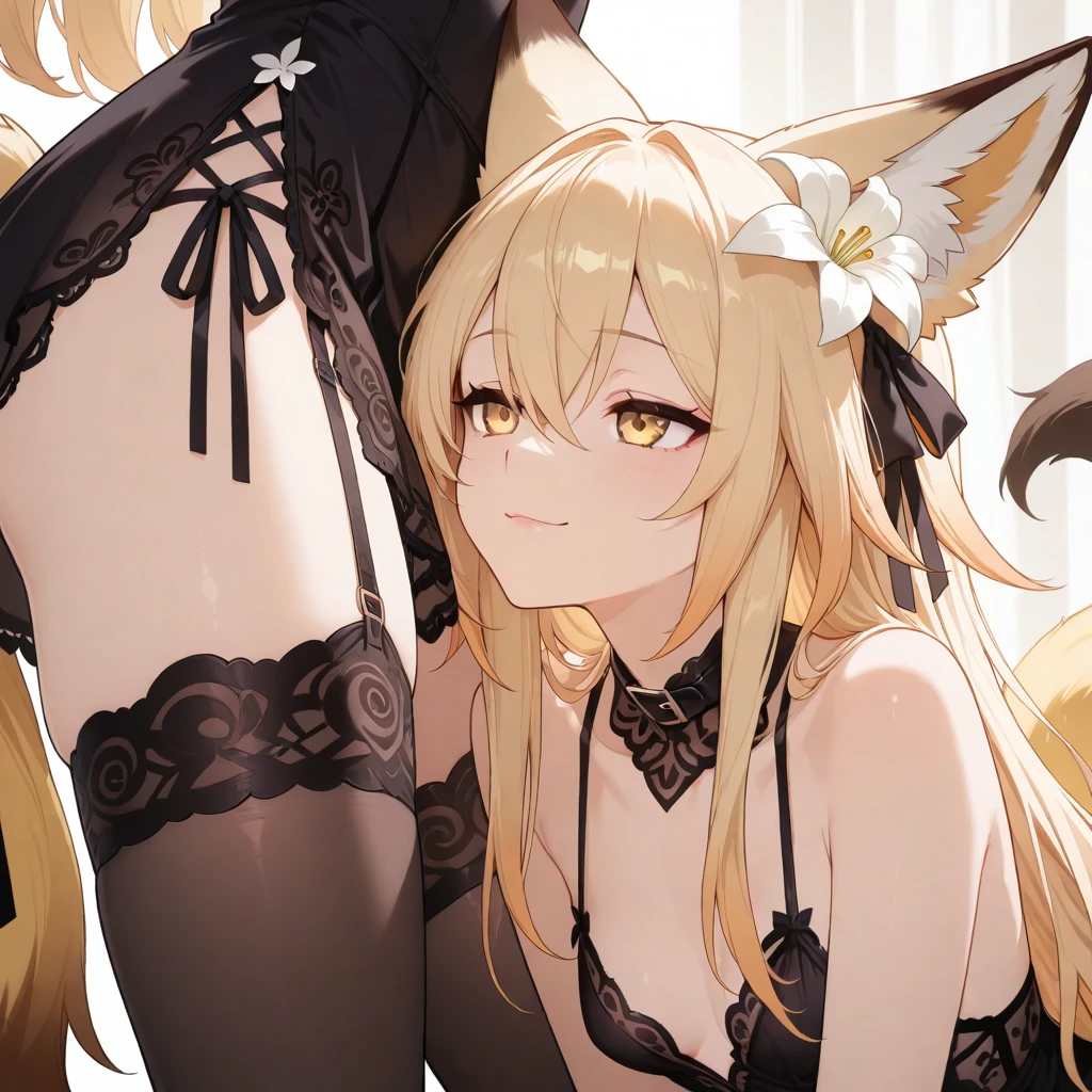 Highest quality, Highest quality, High quality illustrations, masterpiece, Ultra-high resolution, Detailed Background, Bedroom, Absurd, Perfect Anatomy, performance, Good lighting, Shadows in the movies(kemono, Furry Personifi猫ion), Fox, lingerie,stockings、 Dynamic Angle、Long Hair、Anime-like face、Big Breasts、thick legs、Nipples are visible、Showing her nipples、Expose、Areola、Sensual posture、Posture with the crotch sticking out、