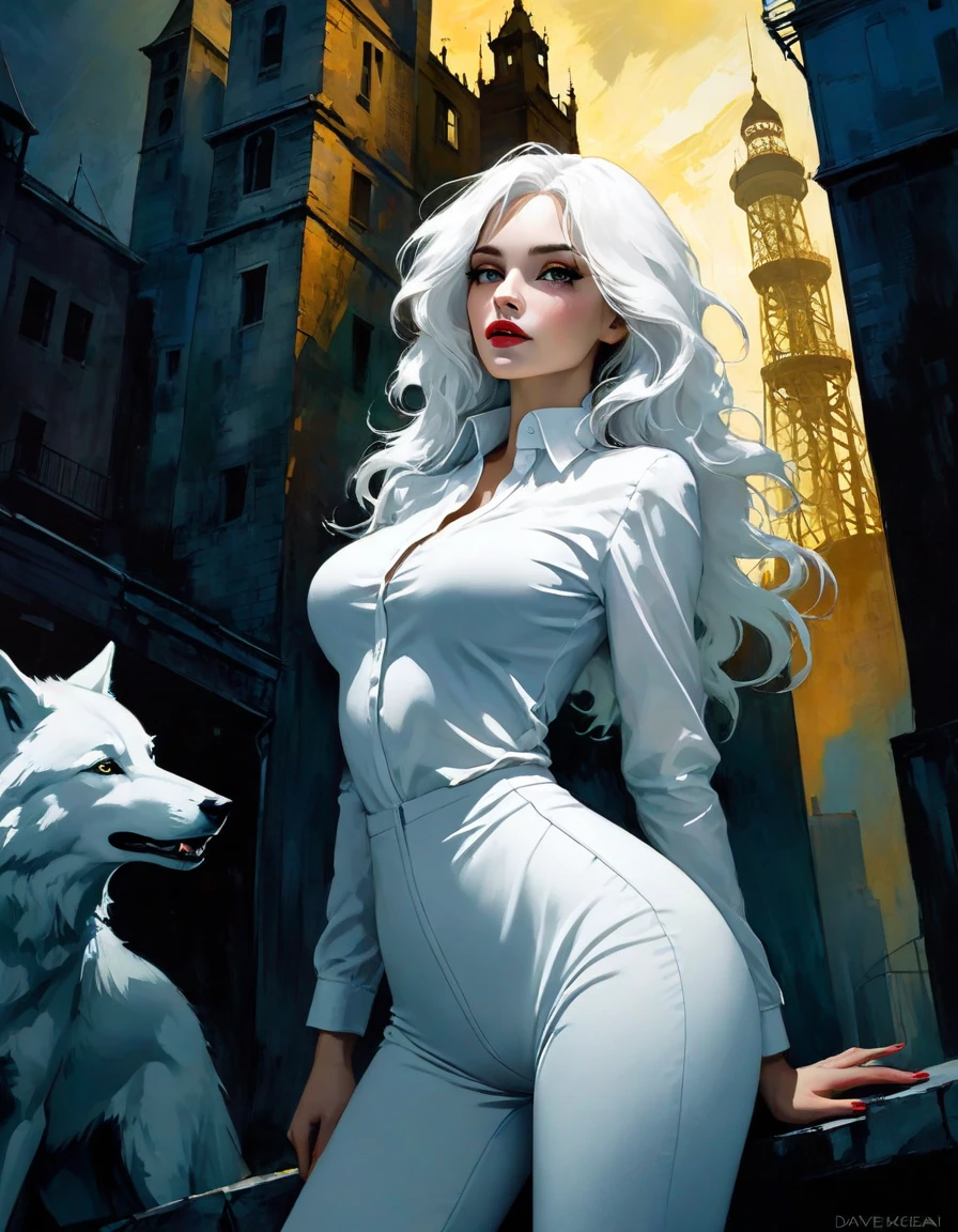 Lust, girl and giant white wolf, Long White hair, ????, White white pants, white shirt, long sleeves, medium ??????,, , surrealism, the tower, dark and caos, sketch style, art inspired by Bill Sienkiewicz and Dave McKean, , vivid colors, sharp focus, professional, artwork Dave McKean, surreal oil touch, oil painting style, portrait, woman, beautiful detailed eyes, beautiful detailed lips, dreamlike atmosphere, shadow play, soft lighting, fun pose, dark tones, ethereal background, fantasy elements, texture, layered composition, funny pose