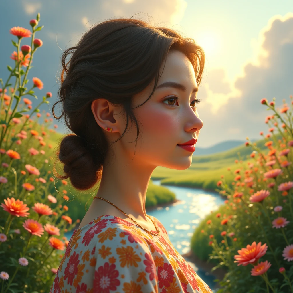 smooth eye blinking, natural head movements, subtle nods, gentle tilts, 4k, high resolution, realistic, masterpiece, photorealistic, physically-based, detailed human face, expressive eyes, serene expression, slight smile, elegant posture, graceful hand gestures, lush botanical garden, sunlit meadow, verdant foliage, flowing river, dramatic cloudy sky, intricate floral arrangements, delicate petals, oil painting, hyperrealistic, cinematic lighting, vivid colors, dramatic shadows, warm tones, high contrast