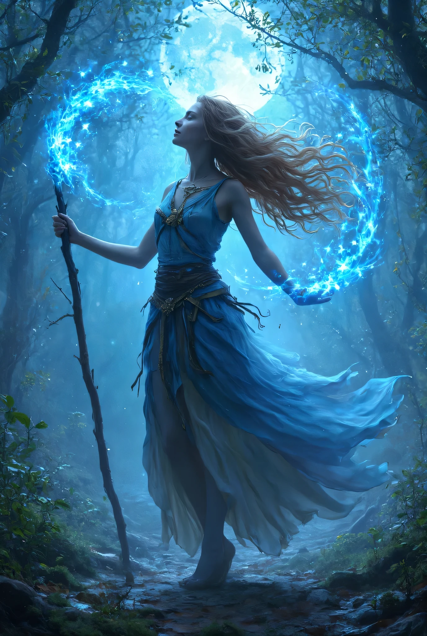 female human druid of the stars, guardian of nature, controlling magical energy made of stars, swirling blue stary magical light, divine symbols high details, dynamic angle, human female, extremally beautiful, ultra feminine, dynamic hair, dynamic hair color, wearing leather armor , holding a staff, moon light, stars, dynamic natural background, RPG art, magical atmosphere magic-fantasy-forest, dnd art, rpg art ultra best realistic, best details, best quality, 16k, masterpiece, best quality, (extremely detailed), photorealism, depth of field, hyper realistic painting, ultra wide shot, , realistic art , invert color, Celestial Fantasy