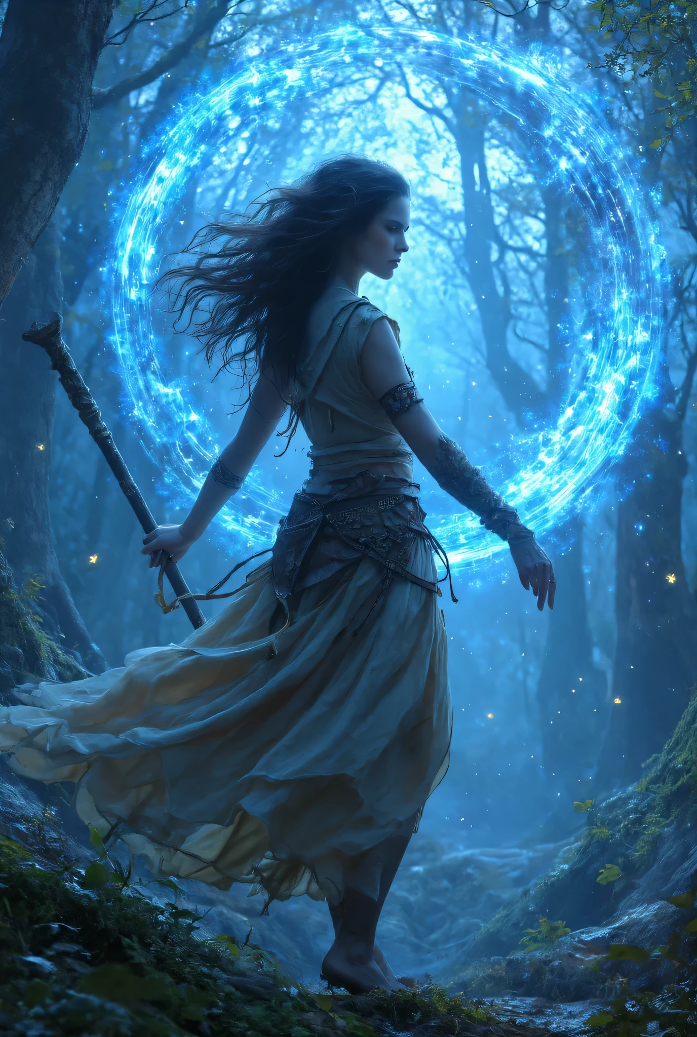female human druid of the stars, guardian of nature, controlling magical energy made of stars, swirling blue stary magical light, divine symbols high details, dynamic angle, human female, extremally beautiful, ultra feminine, dynamic hair, dynamic hair color, wearing leather armor , holding a staff, moon light, stars, dynamic natural background, RPG art, magical atmosphere magic-fantasy-forest, dnd art, rpg art ultra best realistic, best details, best quality, 16k, masterpiece, best quality, (extremely detailed), photorealism, depth of field, hyper realistic painting, ultra wide shot, , realistic art , invert color, Celestial Fantasy