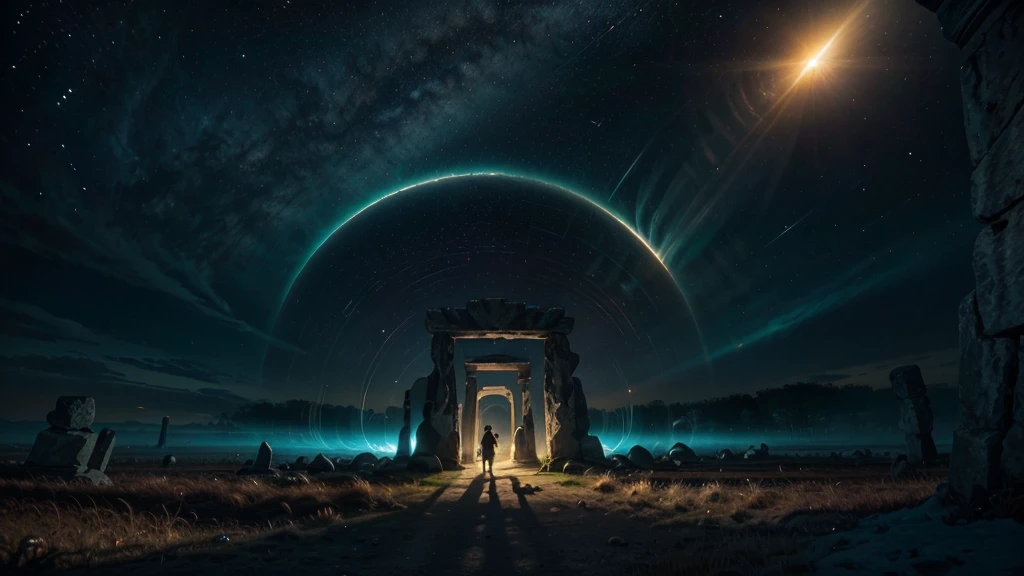 A hyper-realistic cinematic scene of Stonehenge transformed into a magical portal. The ancient stones glow with arcane symbols, and between them swirls a vortex of light and cosmic energy. Behind the structure, the sun is setting on the horizon, casting long golden rays across the scene. The sunlight beams through the portal, blending with vibrant magical hues — purples, oranges, blues, and shimmering gold. The sky is dramatic, filled with warm clouds reflecting the sunset. The scene feels otherworldly and majestic, like a moment from a fantasy film. Ultra-detailed, vibrant colors, 8K resolution, soft glows, atmospheric depth, epic lighting.