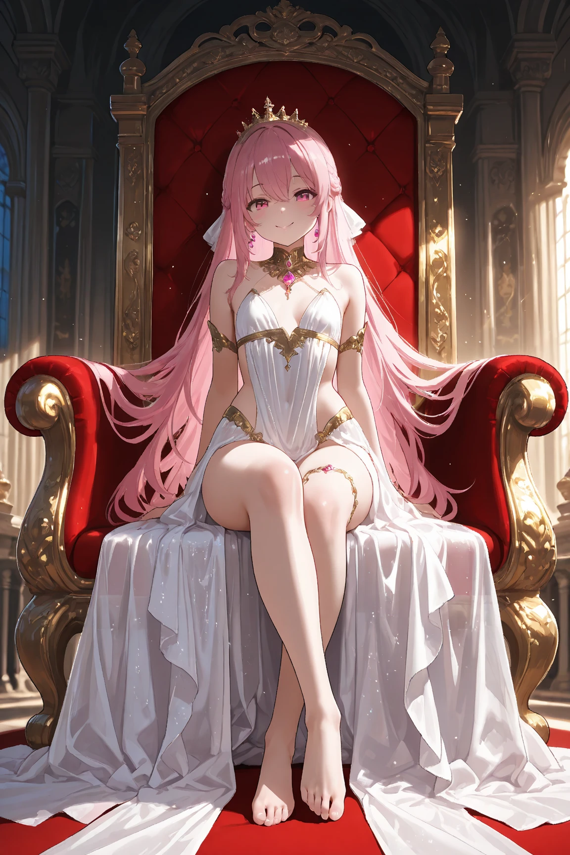 nsfw,Beautiful girl, big eyes, long afro pink  hair, royal dress, best quality, ultra HD, charming, smiling at the viewer, Indian, fair skin, (royal saree draped under shoulder), golden jewellery, diamond necklace, (saree draped under shoulder) , inside, throne room,  stand up near to the throne, jewelry crown, medium breast, from front ,full body, night, light of candles
