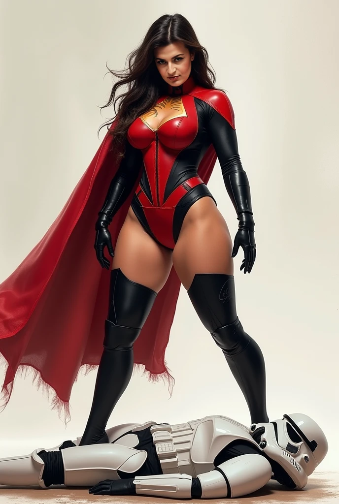 Aishwarya rai as scarlet witch superhero, no forehead marking, full body image, knee high boots, maroon bodycon scarlet witch suit, ((curvy athletic figure)), open hair, posing in football field, day scene, hourglass figure, perfect breasts, fit, seductive face, look at camera and laugh, erotic  face, 50 yo, soft volumetric lights, intricate details, (ArtStation:1.2)