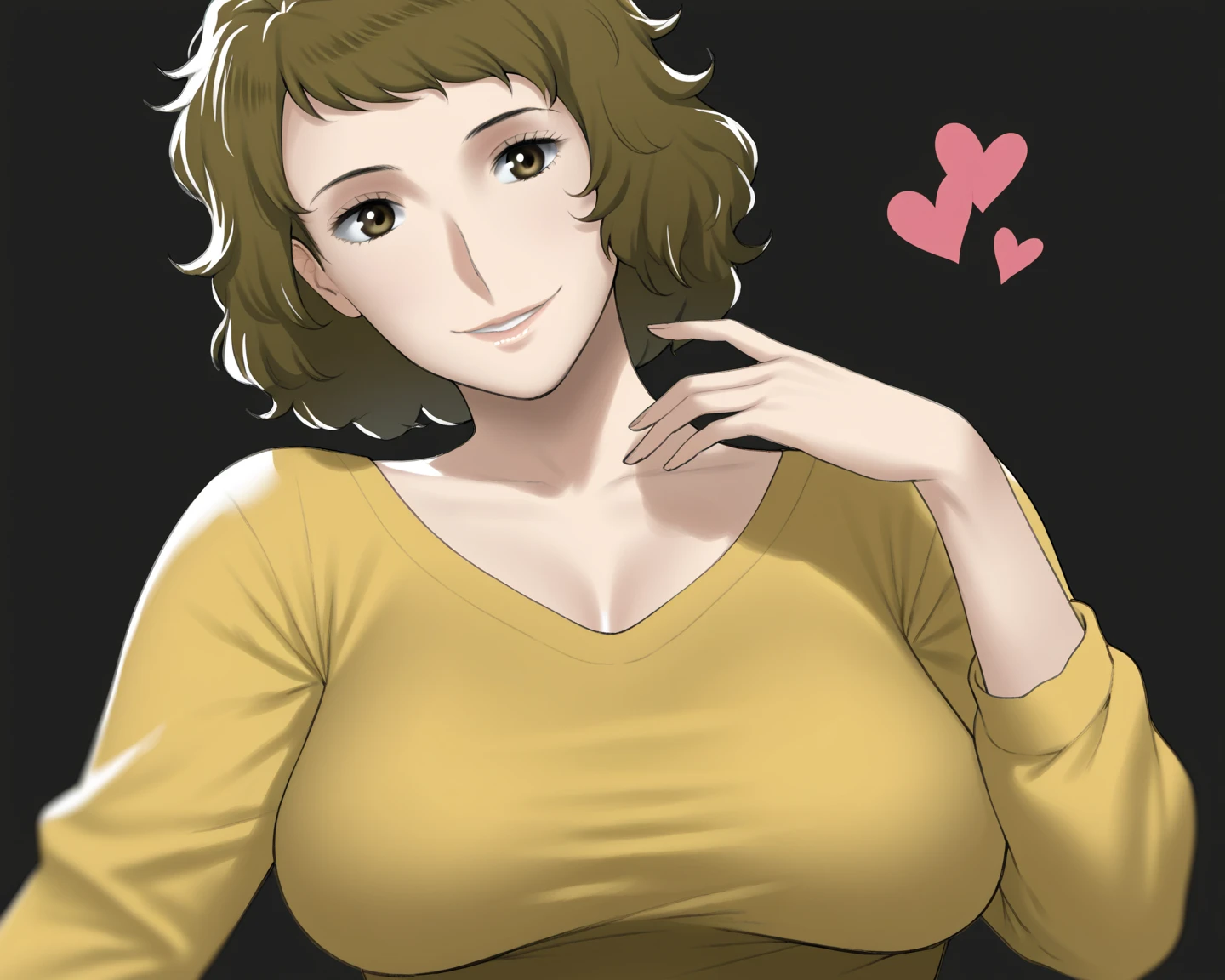 score_9, score_7_up, 1girl, solo, kawakami sadayo, mature female, portrait, light smile, depth of field, yellow sweater, mature female, large breasts, head tilt, heart, black background
